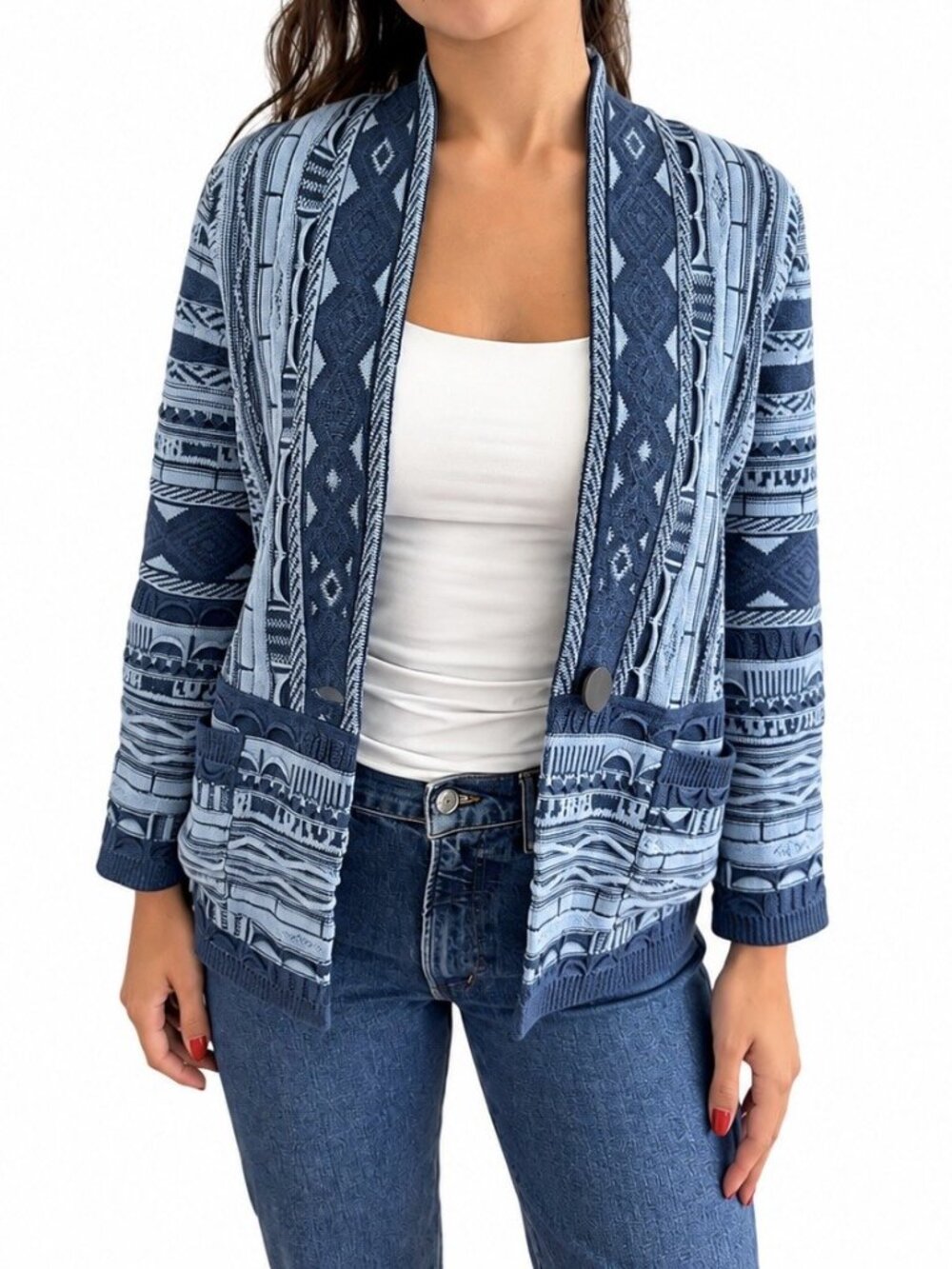 Falconeri Blue Jacquard Knit Jacket medium M